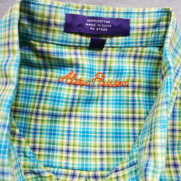 Alan Flusser Button Down Long Sleeve Plaid Shirt Green Blue Purple Mn Sz L - Picture 3 of 10